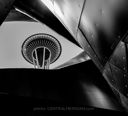 Space Needle as seen through Frank Gehry designed EMP Museum